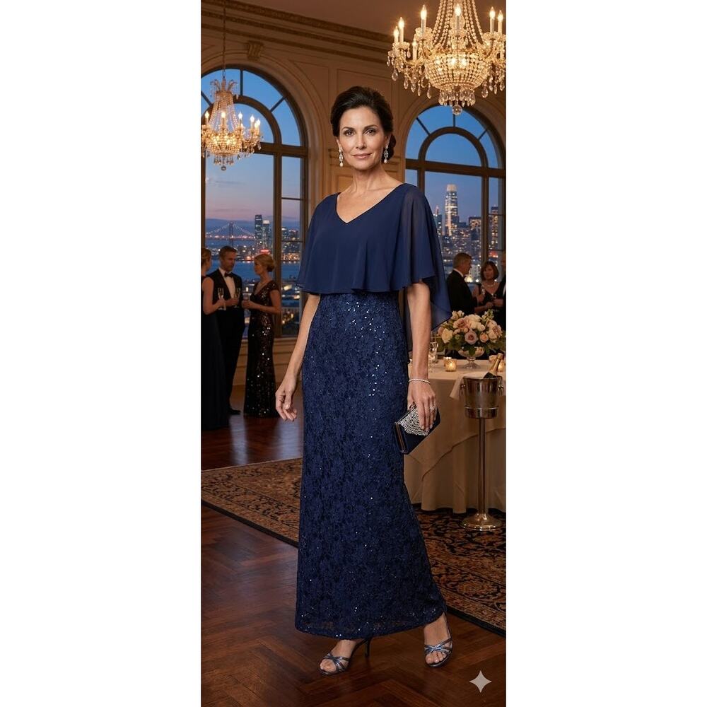 Connected Apparel Navy Blue Sequin Floral‎ Lace Gown Capelet Formal Dress SZ 14